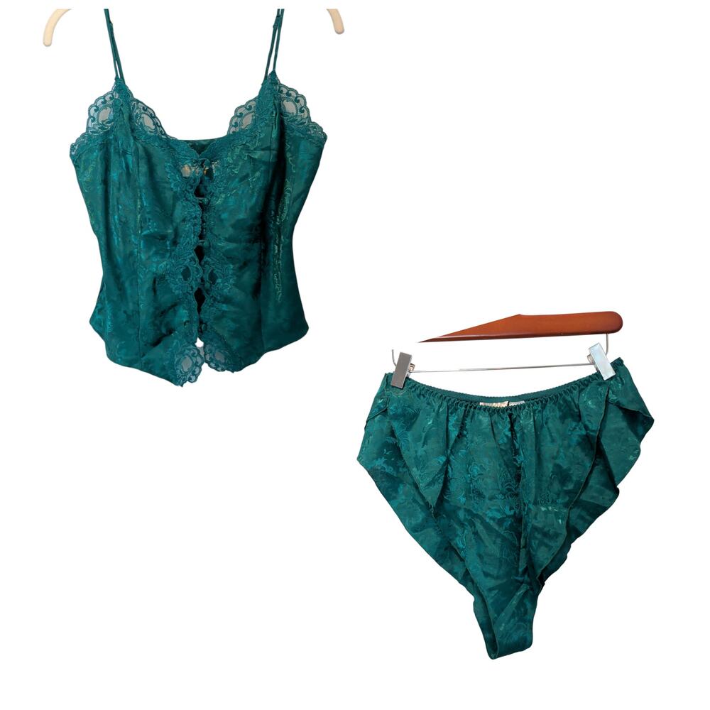 Vtg Victoria's Secret Gold Label Sz M Green Satin Lace Cami Shorts Set Lingerie